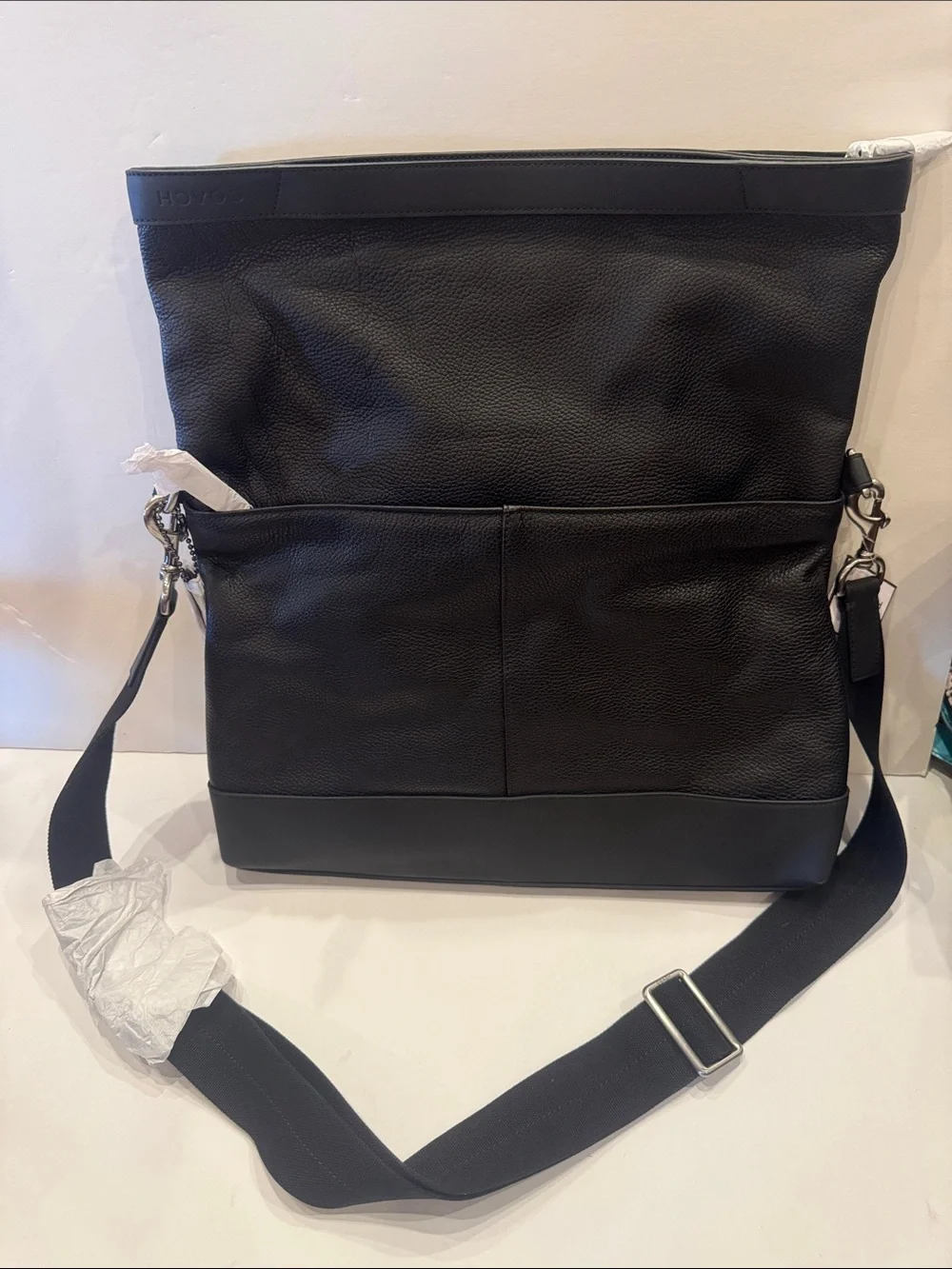 Coach Black Leather Messenger Bag with Adjustable Strap